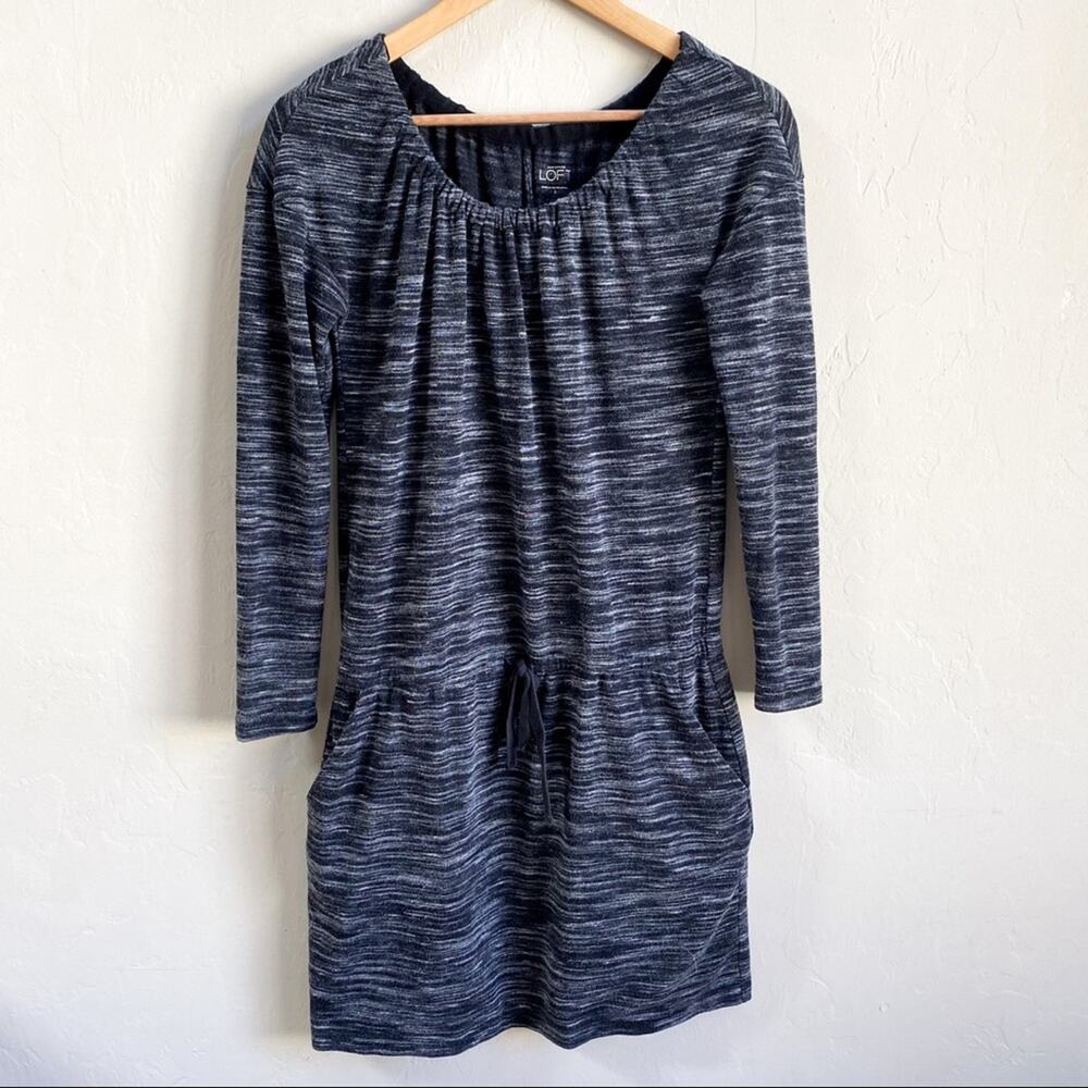 LOFT Heather Black White‎ Boat Neck Tie Waist Long Sleeve Dress